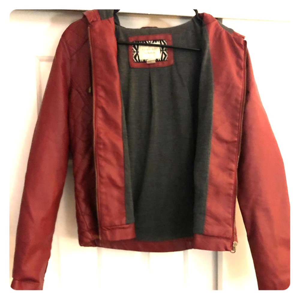 Red leather jacket with hood